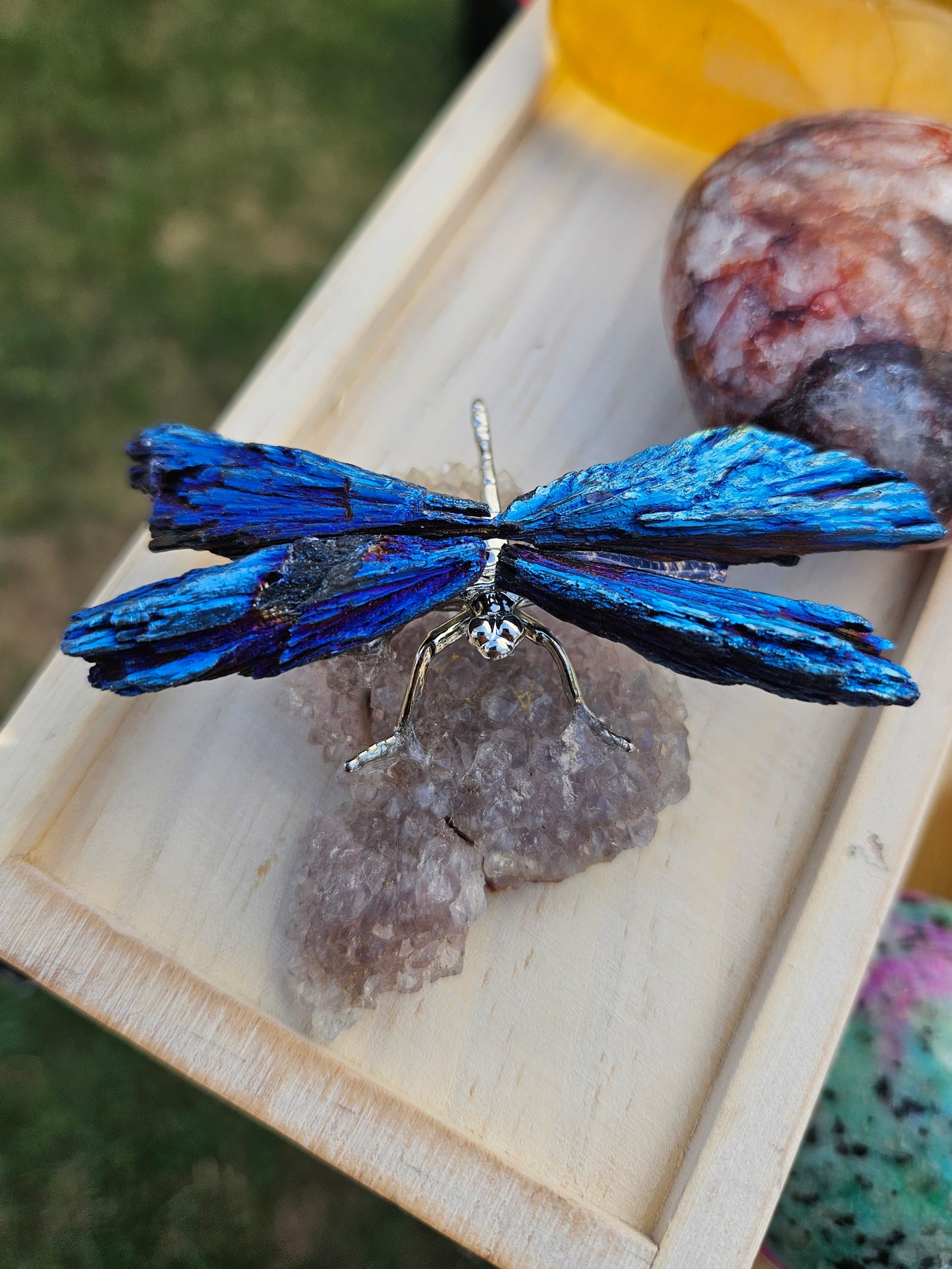 Blue Kyanite Dragonfly on Pink Amethyst cluster