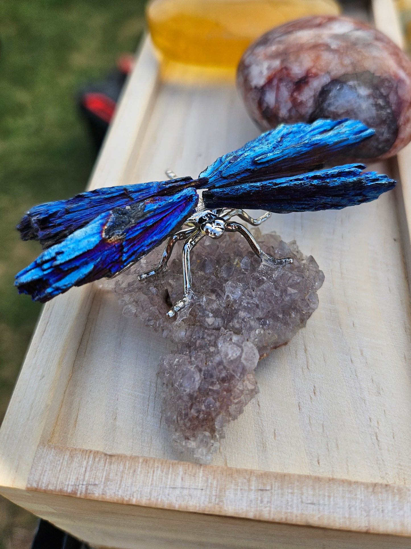 Blue Kyanite Dragonfly on Pink Amethyst cluster