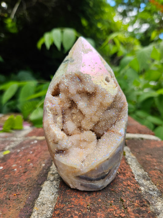 Peach Moonstone druzy flame Aura coated